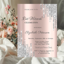 Modern Silver Glitter Drips Rosa Guld Bar Mitzvah