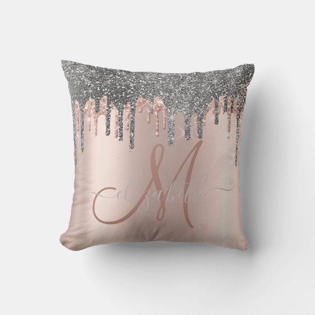 Modern Silver Glitter Drips Roséguld Monogram Kudde (Framsida)