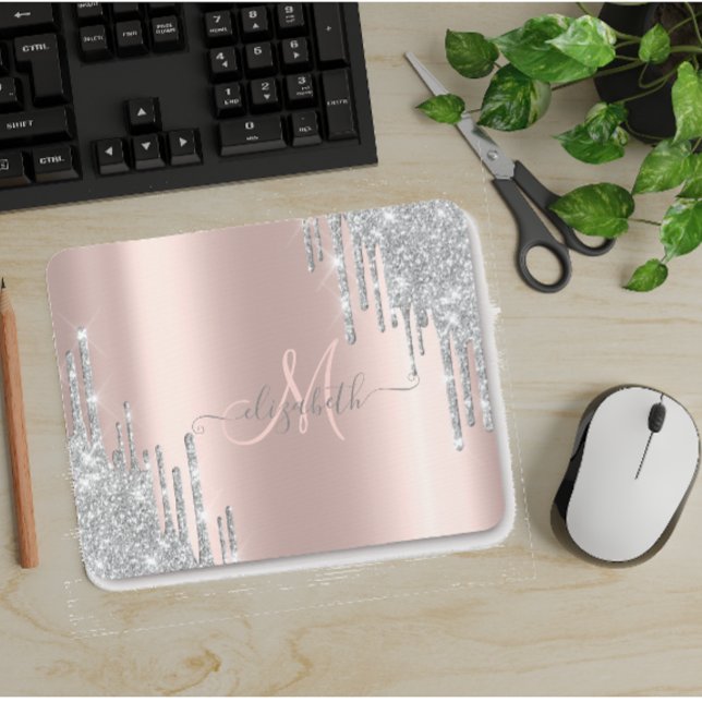 Modern Silver Glitter Drips Roséguld Monogram Musmatta (Skapare uppladdad)
