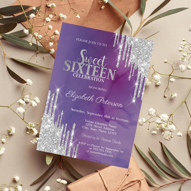 Modern Silver Glitter Drips Violett Sweet 16 Inbjudningar (Skapare uppladdad)
