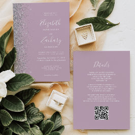 Modern Silver Glitter Dusty Lilac QR-koden Bröllop Inbjudningar