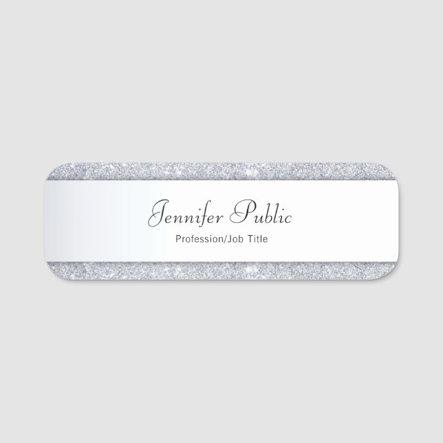 Modern Silver Glitter Elegant Hand Script-mall Namnbricka (Framsida)