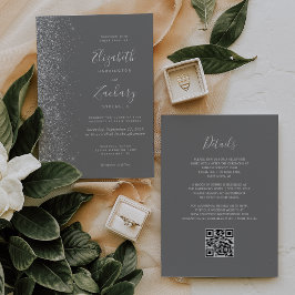 Modern Silver Glitter Grå QR-kod Bröllop Inbjudningar