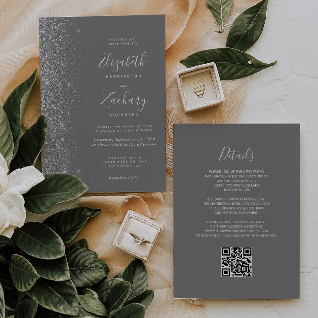 Modern Silver Glitter Grå QR-kod Bröllop Inbjudningar (Skapare uppladdad)