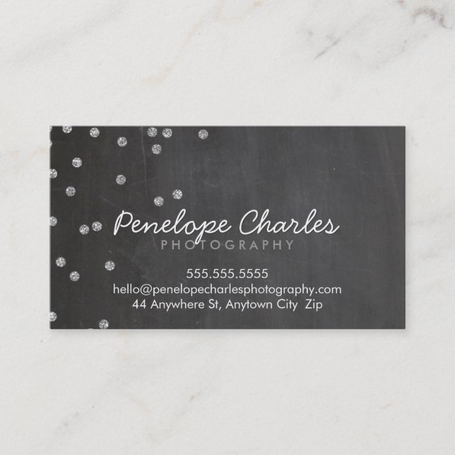 MODERN silver glitter konetti dots chalkboard Visitkort (Framsida)