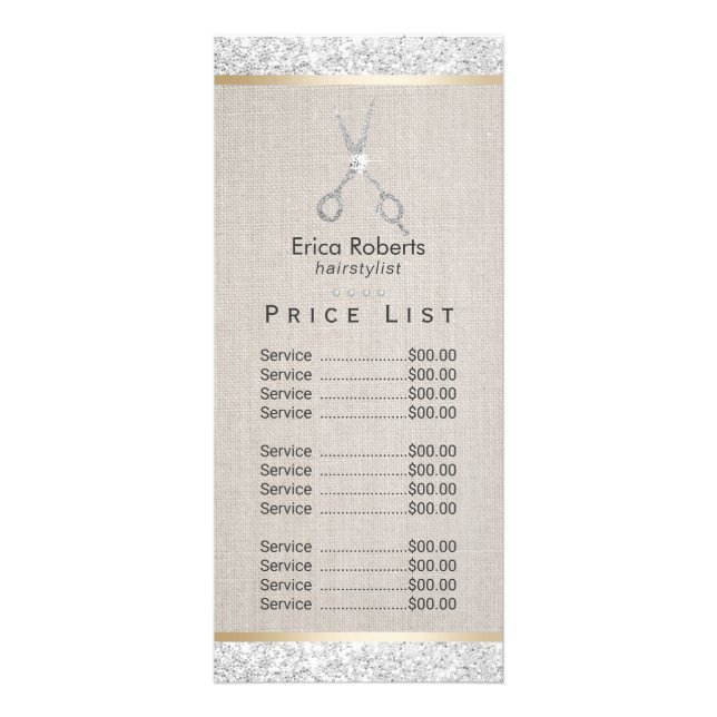 Modern Silver Glitter Linen Hair Salon Pris List Reklamkort (Framsidan)