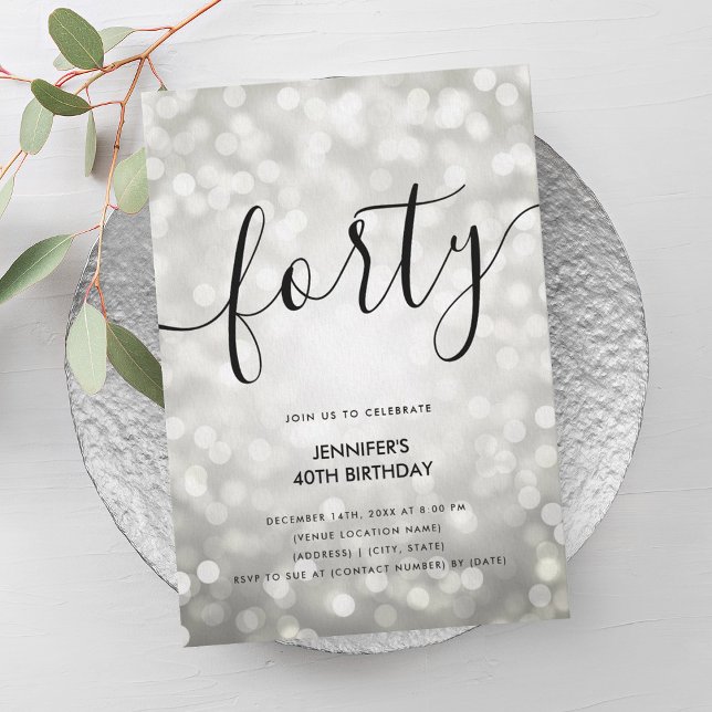 Modern Silver Glitter Ljus, 40:e födelsedag Inbjudningar (Modern Silver Glitter Lights 40th Birthday Invitation)