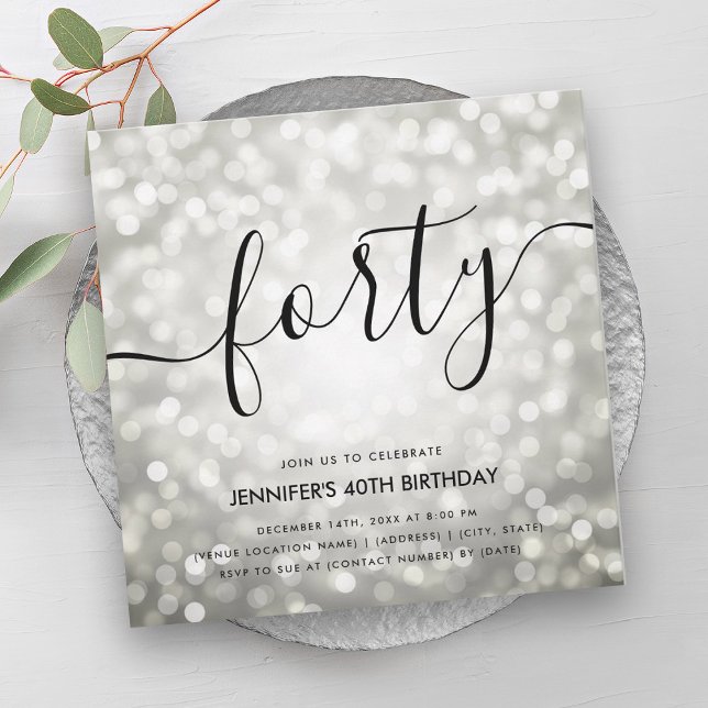Modern Silver Glitter Ljus, 40:e födelsedag Inbjudningar (Modern Silver Glitter Lights 40th Birthday Invitation)