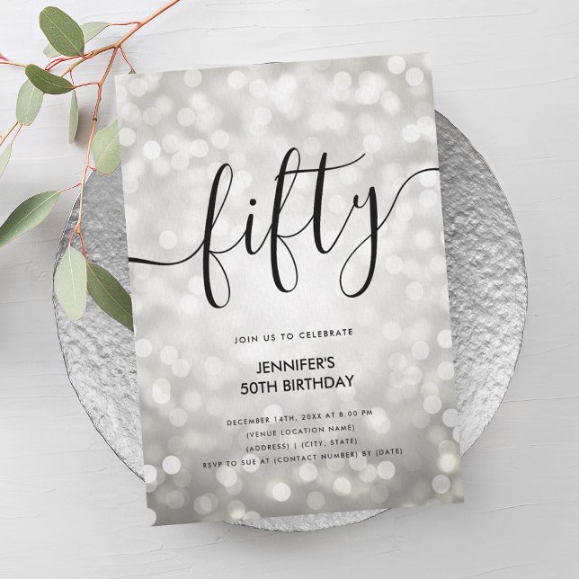 Modern Silver Glitter Ljus 50:e födelsedag Inbjudningar (Modern Silver Glitter Lights 50th Birthday Invitation)