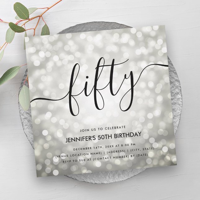 Modern Silver Glitter Ljus 50:e födelsedag Inbjudningar (Modern Silver Glitter Lights 50th Birthday Invitation)