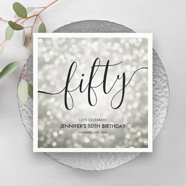 Modern Silver Glitter Ljus 50:e födelsedag Pappersservett (Modern Silver Glitter Lights 50th Birthday Napkins)