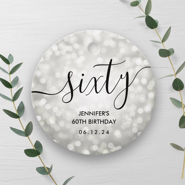 Modern Silver Glitter Ljus 60:e födelsedag Gåvor Etiketter (Modern Silver Glitter Lights 60th Birthday Favor Tags)