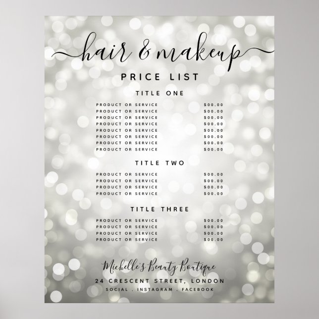 Modern Silver Glitter Ljus Salong Prislista Meny Poster (Framsidan)