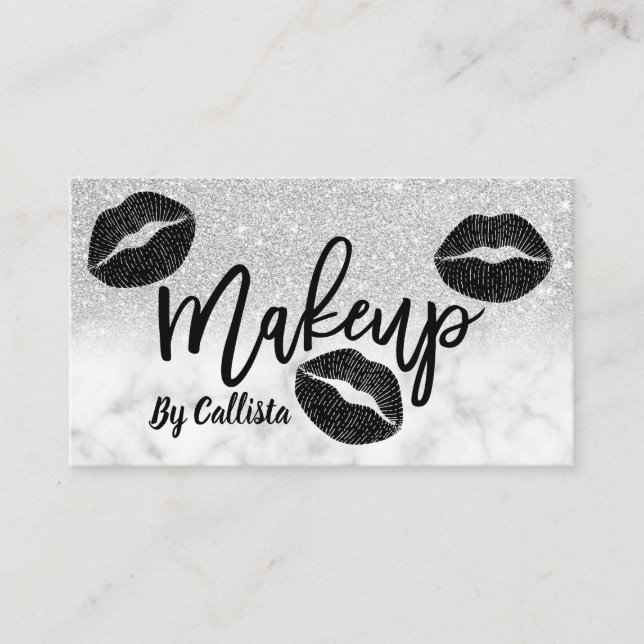 Modern Silver Glitter Marble Läppar Makeup Artist Visitkort (Framsida)
