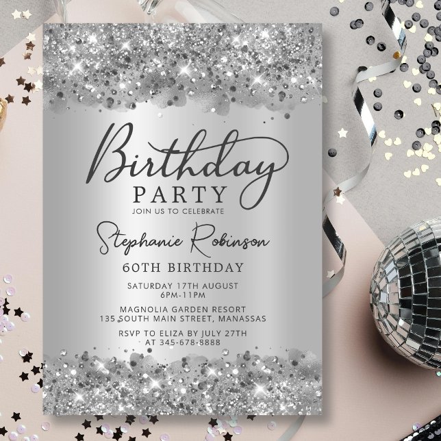 Modern Silver Glitter Metall Foil 60:e födelsedag Inbjudningar (Skapare uppladdad)