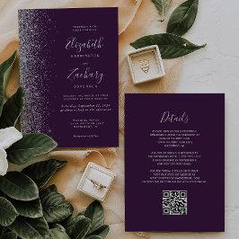 Modern Silver Glitter Mörk Lila QR-kod Bröllop Inbjudningar