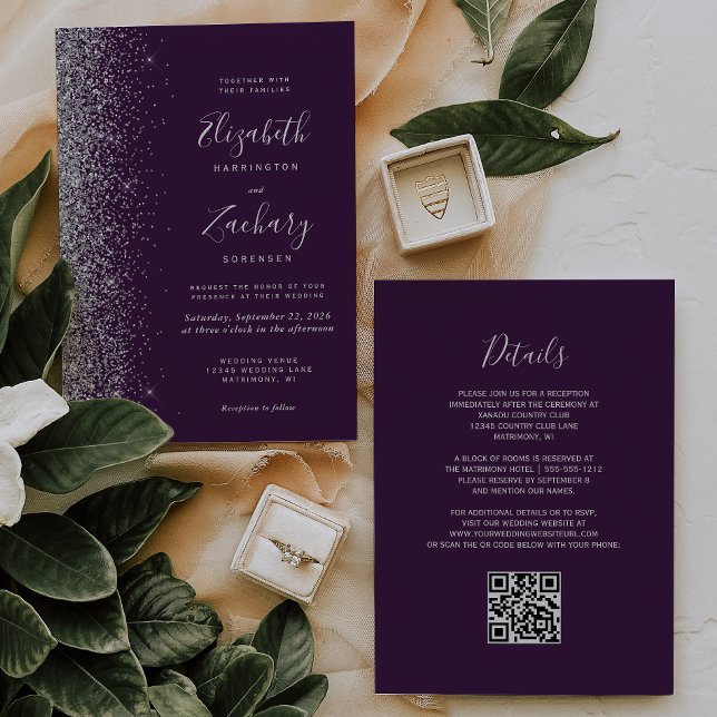 Modern Silver Glitter Mörk Lila QR-kod Bröllop Inbjudningar (Skapare uppladdad)