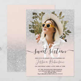 Modern silver glitter ombre-blommigt för foto 16 inbjudningar