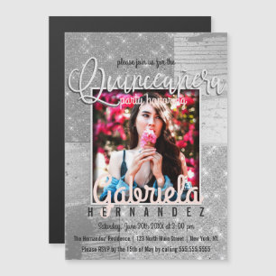 Modern Silver Glitter Photo Quinceañera Magnetisk Inbjudningskort