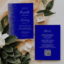 Modern Silver Glitter Royal Blue QR-kod Bröllop Inbjudningar