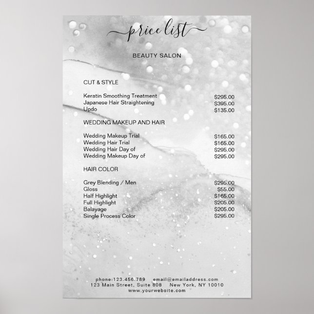 Modern Silver Glitter Salong Prislista Poster (Framsidan)
