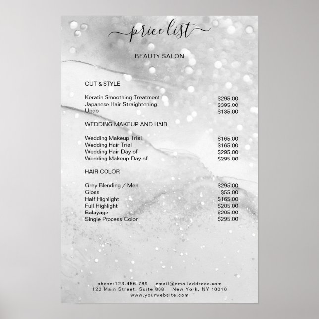 Modern Silver Glitter Salong Prislista Poster (Framsidan)