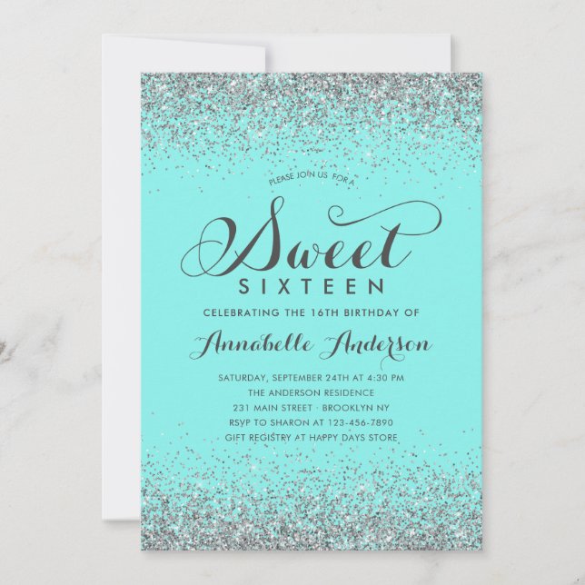 Modern Silver Glitter Teal Girly Sweet 16 födelsed Inbjudningar (Framsida)