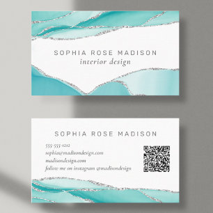 Modern Silver Glitter Teal Mint Agate QR-kod Visitkort