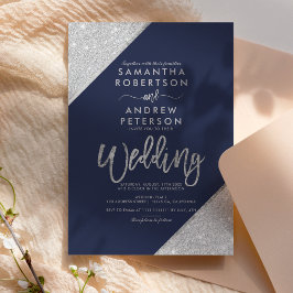Modern silver glitter-typografi, marinblått bröllo inbjudningar