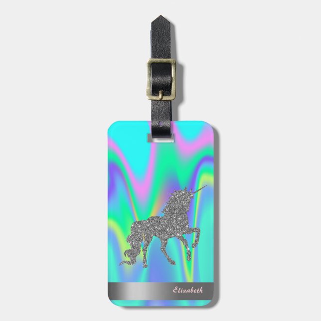 Modern Silver Glitter Unicorn, Holograf Bagagebricka (Vertikal Framsida)
