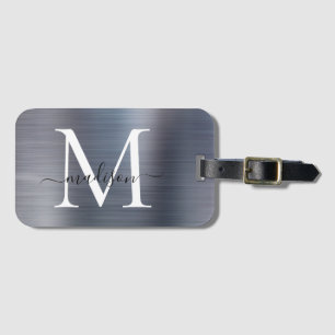 Modern Silver Grått Brushed Metall Monogram-skript Bagagebricka