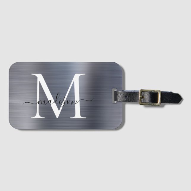 Modern Silver Grått Brushed Metall Monogram-skript Bagagebricka (Framsida horisontal)