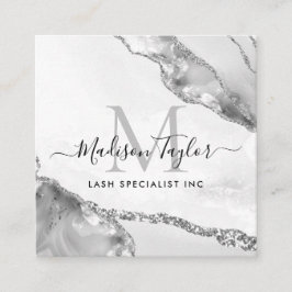 Modern Silver Grått Glitter Marble Agate Monogram Fyrkantigt Visitkort