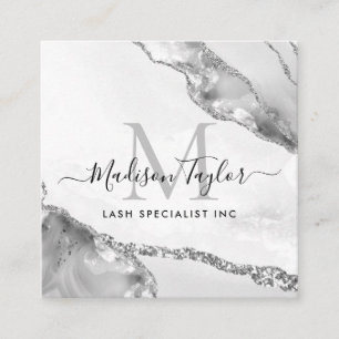 Modern Silver Grått Glitter Marble Agate Monogram Fyrkantigt Visitkort
