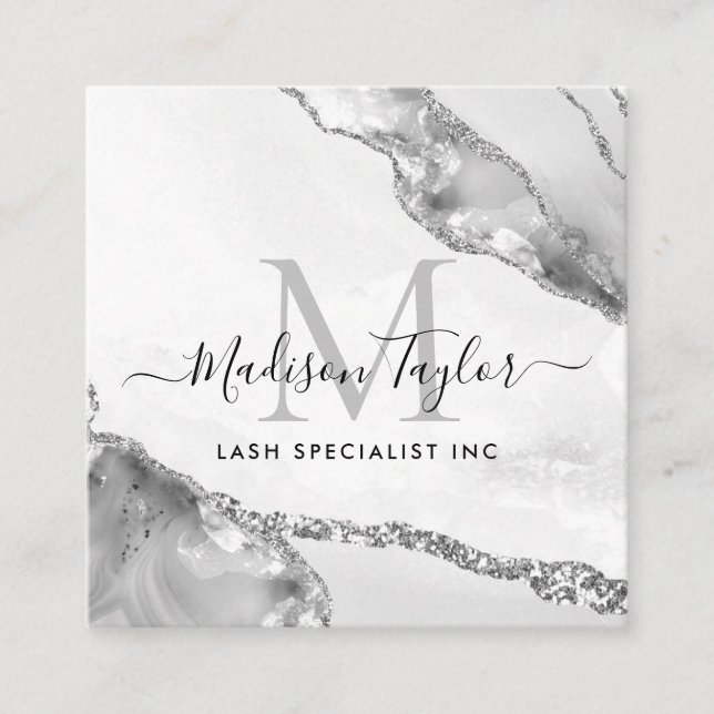 Modern Silver Grått Glitter Marble Agate Monogram Fyrkantigt Visitkort (Framsida)