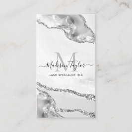 Modern Silver Grått Glitter Marble Agate Monogram Visitkort