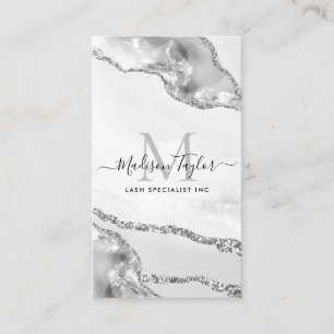 Modern Silver Grått Glitter Marble Agate Monogram Visitkort