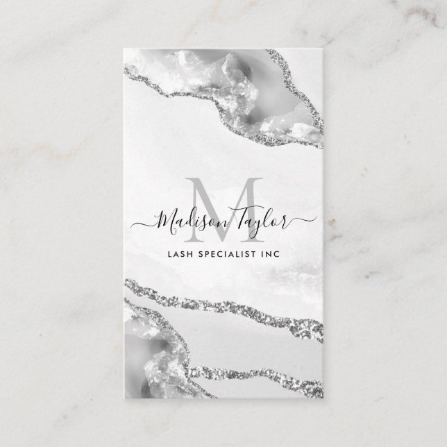 Modern Silver Grått Glitter Marble Agate Monogram Visitkort (Framsida)