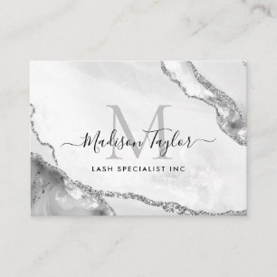 Modern Silver Grått Glitter Marble Agate Monogram Visitkort