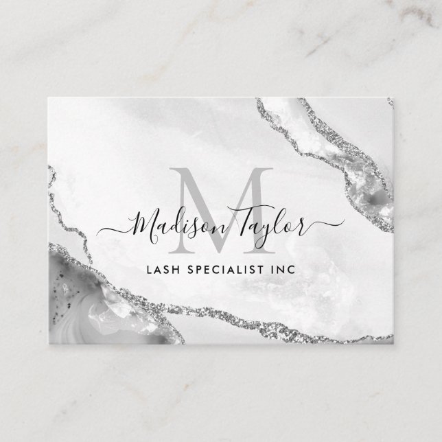 Modern Silver Grått Glitter Marble Agate Monogram Visitkort (Framsida)