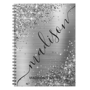 Modern Silver Grått Glitter Metallic Namn Namnteck Anteckningsbok