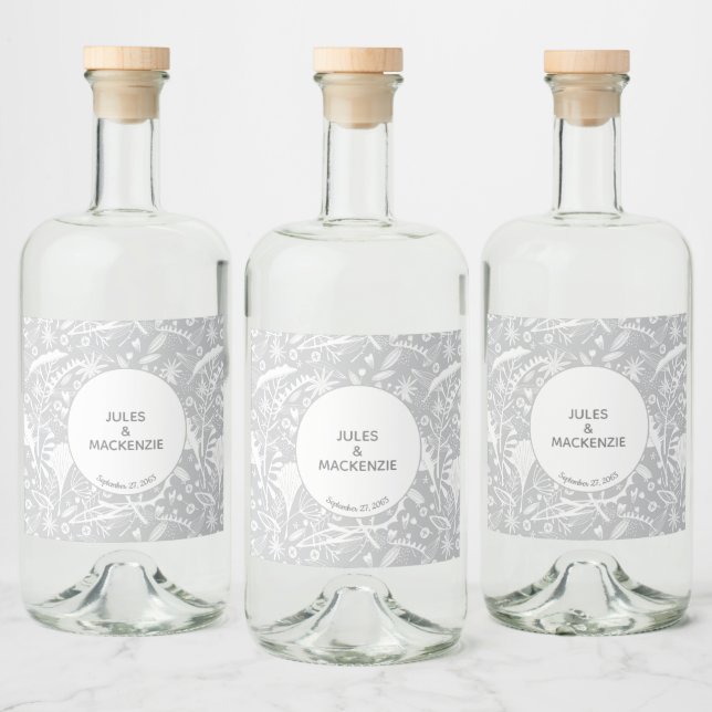 Modern Silver Grått Graphic-Blommigt botaniska Spritflaskor Etikett (Flaskor)