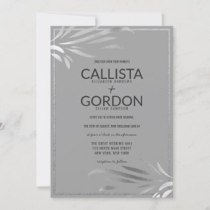 Modern Silver Grått Löv Glitter Gräns Bröllop Inbjudningar