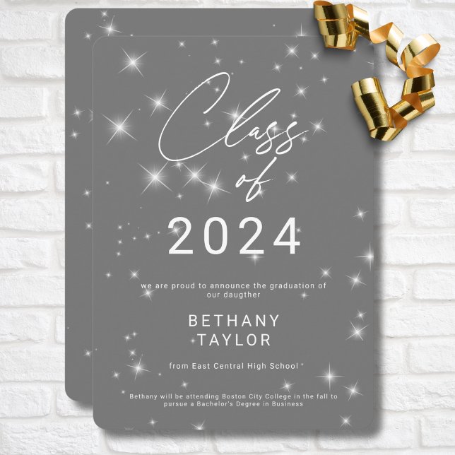 Modern Silver Grått & White Gnistra Studenten Meddelande (Modern Silver Gray & White Sparkle Graduation Announcement)