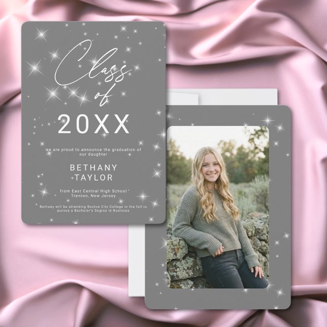 Modern Silver Gray & White Sparkle Graduation Meddelande (Modern Silver Gray & White Sparkle Graduation Announcement)
