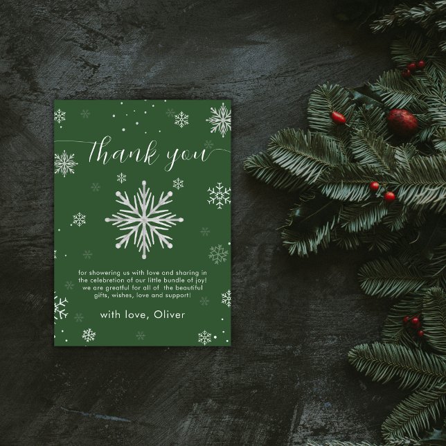 Modern Silver Green Magical Snowflake Baby Shower  Tack Kort (Modern Silver Green Magical Snowflake Baby Shower Thank You Card)