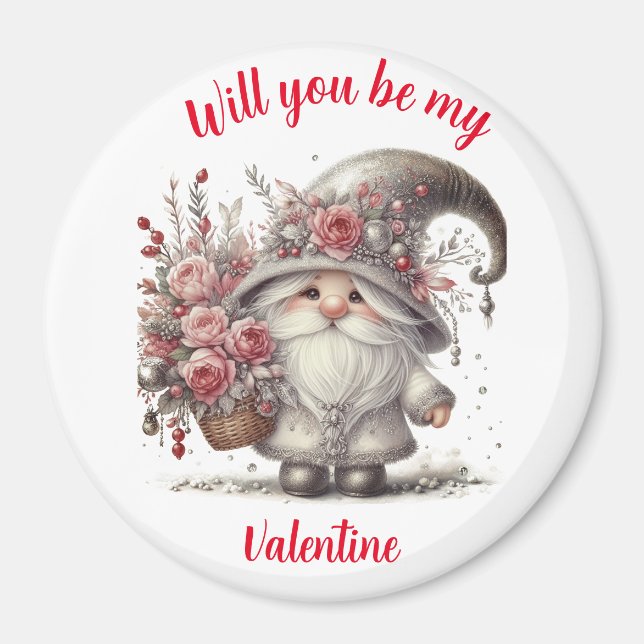 Modern Silver hues blommigt basket valentine gnome Magnet (Framsidan)