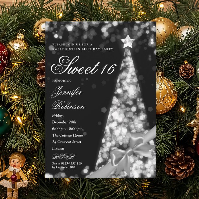 Modern silver julgran band söta 16 födelsedag  inbjudningar (Modern Silver Xmas Tree Ribbon Sweet 16 Birthday Invitation)