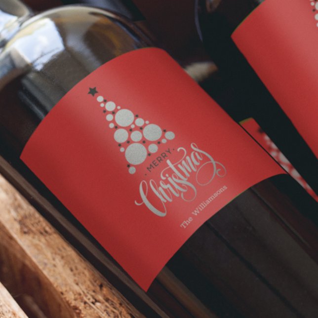 Modern silver julgran på röd vinflaska etikett (Skapare uppladdad)