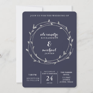 Modern Silver-läder cirklar Midnight Blue Bröllop Inbjudningar